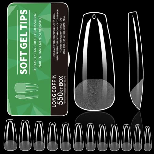 550PCS Almond Gel Nails Tips Pre Etched False Nails Clear Full Covers Soft Acrylic Press On Nails for Manicures