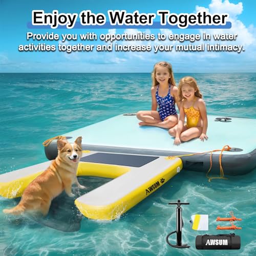 AWSUM Aufblasbare Hunde-Wasserrampe 1,2 m x 1,0 m Hundeboot-Rampe schwimmend für Hunde bis zu 81,6 kg auf Wasser Schwimmleiter Stufen für Pool, Dock, Seen, Gelb