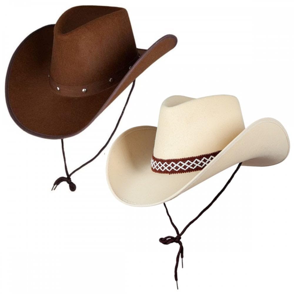 A2ZFD Adult Texan Cowboy Hat Dark Brown & Classic Sand 2 Pack : Fancy Dress Party Accessory Country Western Rancher Wild West