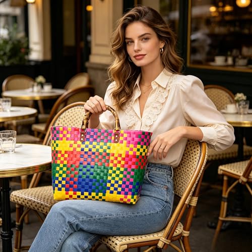 Bolso Tote grande para playa estilo boho con asas de bambú miniatura 2
