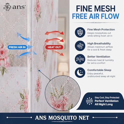 Image of ANS Premium Hanging Mosquito Net for Bed | XXL 6.5 x 10 ft | White Floral Print | Fine Mesh Protection | Cotton Border | Free Air Flow | Ideal for Large Size Bed & Joint of Single and Double Bed