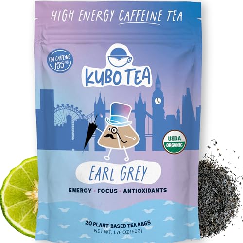 Kubo Earl Grey Tea Bags | Organic High Caffeine (155mg) Black Tea + Assam & Bergamot | 20 Pyramid Count | Caffeinated Tea for Clean Energy & Focus | Healthy Coffee Alternative, Calorie Free