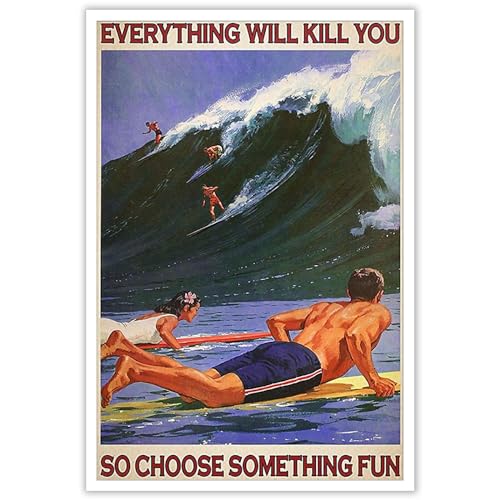 Enveable Retro Hawaii Surfing Fun Poster Summer Tropical Beach Hawaiian Island Beach Art Blue Ocean...