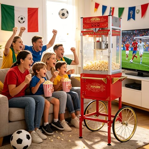 Image of Commercial Popcorn Machine with Cart & Wheels 丨 Popcorn Maker with 20OZ Stainless Steel Kettle丨 Pop corn Machine Maker for Home, Theater, Parties, Red
