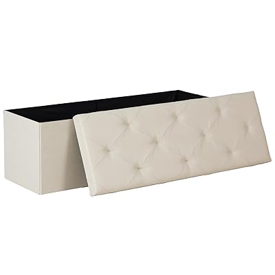 DUMOS 43in Foldable Storage Ottoman Bench, Storage Chest, Large End of Bed Foot Rest Stool with Padded Seat, Bedroom Bench for Living Room, Support 660lbs, Beige