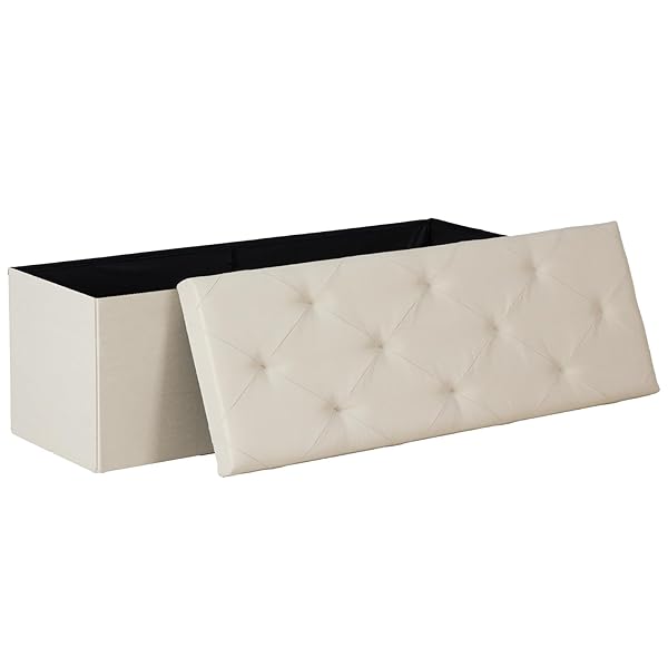 DUMOS 43in Foldable Storage Ottoman Bench, Storage Chest, Large End of Bed Foot Rest Stool with Padded Seat, Bedroom Bench for Living Room, Support 660lbs, Beige