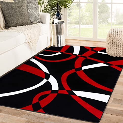 2305 Geometric Abstract Red Black 2x7 Area Rugs for Entryway