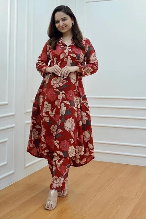 Image of GRECIILOOKS Co ord set for women stylish | Anarkali Kurta-Set - Viscose Printed Kurta & Straight Pant | kurtis| Festive Indian Traditional Outfit Dress for Functions & Puja | Trendy Travel & Streetwear Look for Woman | 3 /4 Half Sleeve