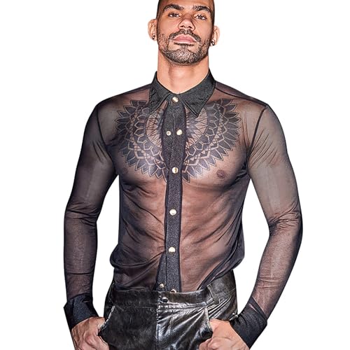 Men's Sheer Turn Down Shirt Sexy Mesh See Through Black Long Sleeve Muscle Tops Casual Nightclub Party Underwear