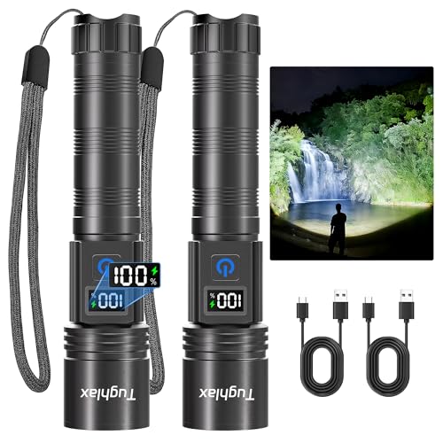 Tughlax LED Rechargeable Flashlights 9900 High Lumens 2Pack, Super Bright Flashlight, Zoomable Powerful Camping Flashlights with LCD Digital Display, 5 Modes Waterproof Flash Light for Home