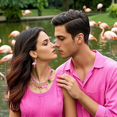 YAHPERN Flamingo Jewelry Set for Women Pink Flamingo Necklace Bracelet Earrings Coconut Tree Palm Leaves Choker Necklace Charm Bracelet Tropical Summer Beach Jewelry Accessories Gifts4