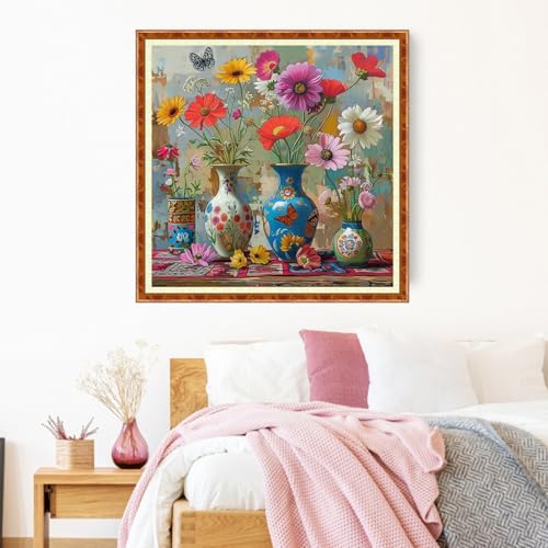 Image of Joyhoor Stamped Cross Stitch Kits for Beginners Needlepoint Kits for Adults Embroidery Kits 11CT Counted Cross Stitch Kits Printed Embroidery Pattern-Beautiful Flower vase 18x18 inch