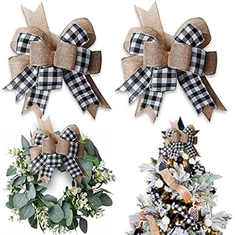 Hongsome Buffalo Plaid Burlap Bows for Wreath 2 Pack,12”x9.4”Large Rustic Farmhouse Decor Tree Topper Check Bow Decorations for Fall Wedding Holiday Party Wall Home Front Door Decorative(Black&White) Cover