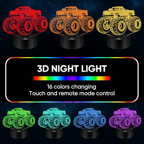 Image of BASSI Monster Trucks Night Light for Boys, 3D LED Optical Illusion Lamp with Remote Control, 16 Colors Change Perfect Birthday Party Decor Idea for Boys, Kids, and Teens