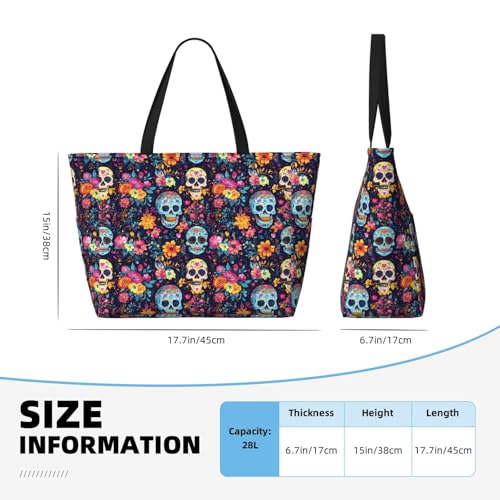 Large Beach Bags for Women Sandproof - Boho Style Skull (A) Print Summer Travel Work Tote Bags with Zipper2