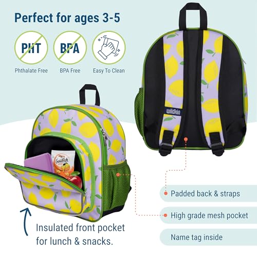 Image of Wildkin 12 Inch Toddler Backpack for Kids, Lilac Lemonade | Ages 3-7, lightweight toddler backpack for daycare, preschool, and travel