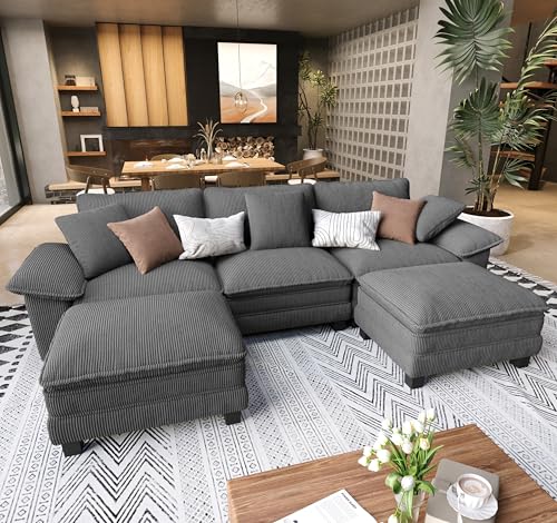 SUNSHINE VALLEY U Shaped Modular Cloud Couch, 123.6'' Oversized Corduroy Sectional Sofa with Wider Armrest and Ottoman, Upholstered 5-Seat Modern Deep Seat for Bedroom Living Room, Grey