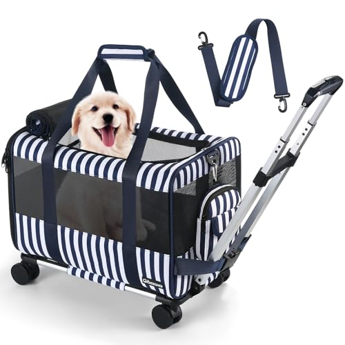 Dog Cat Carrier with Wheels TSA Airline Approved Rolling Soft Pet Carrier, Portable Pet Carrier with Telescoping Handle Detachable,Solid Structure Pet Travel Bag Carrier Wheels