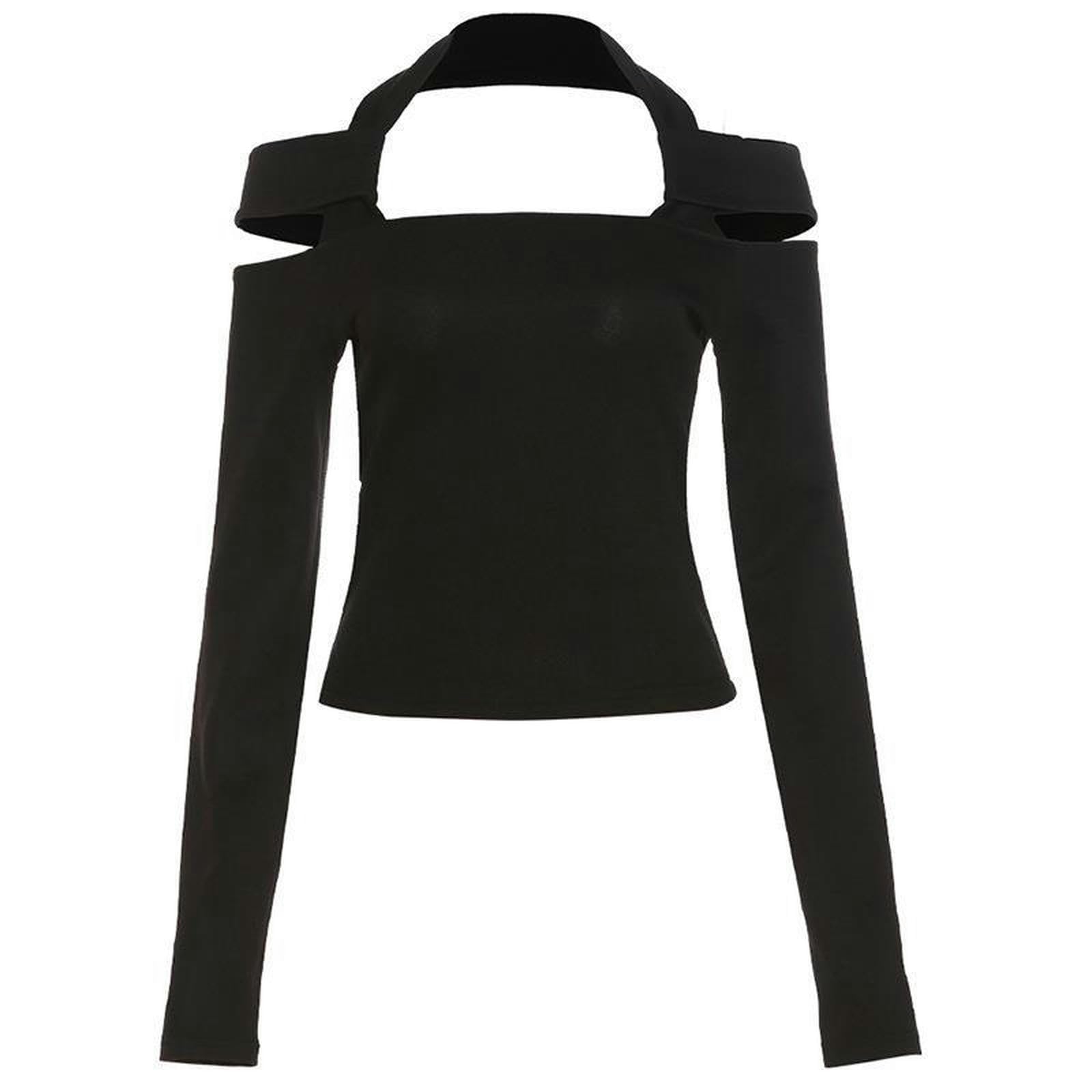 Haut Une Épaule Noir Coupe Ajustée Col Halter Creux Tendance Taille S