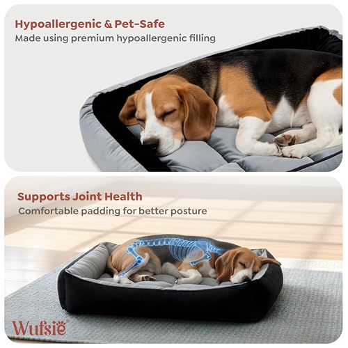 Image of Reversible Rectangle Dog Bed | Medium 60 X 75 Cm Pet Bed for Dogs and Cats | Premium Velvet, Washable Fabric | Soft Sofa-Style Bed for Dog with Thick 15 Cm Insert | Black & Grey