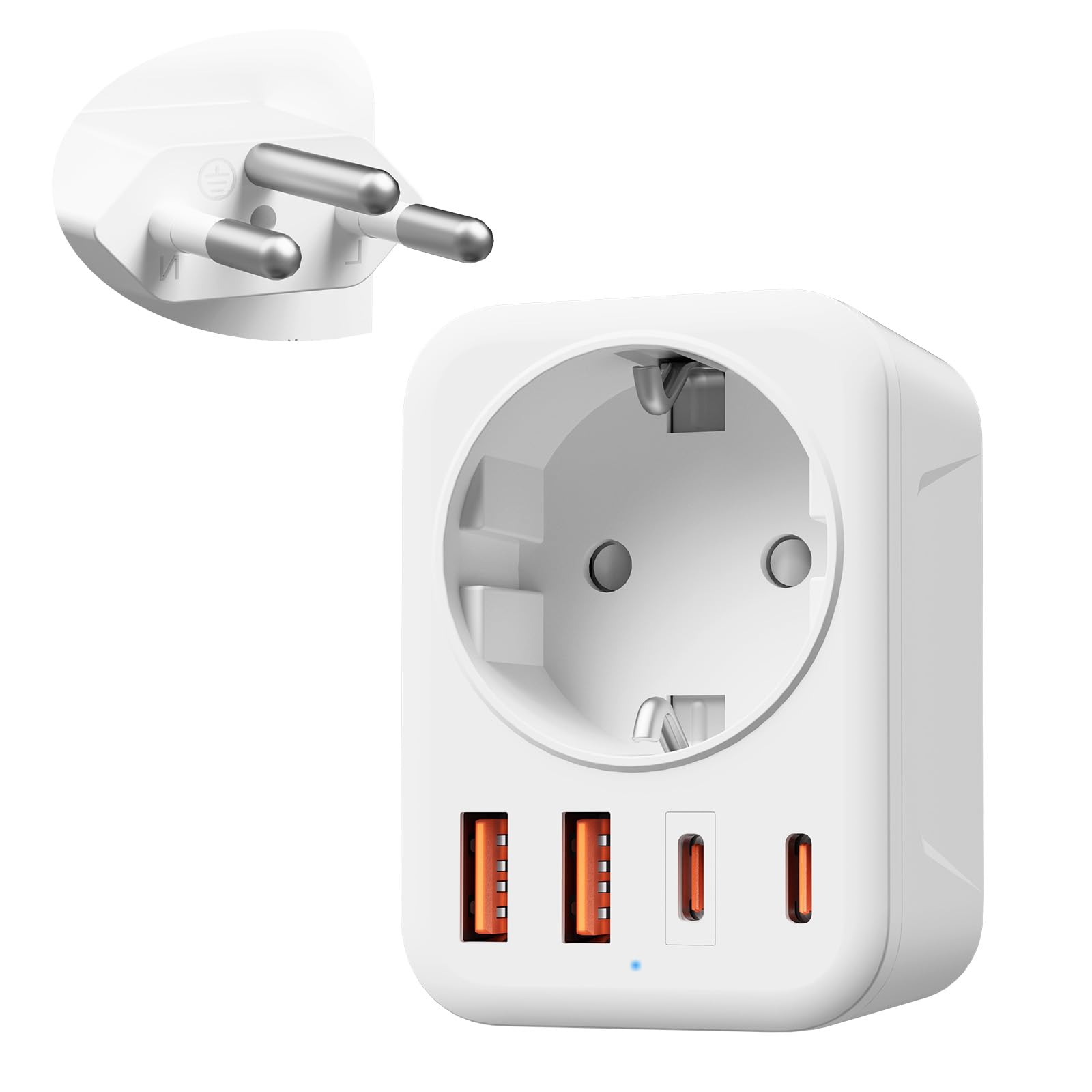 Denlane Adapter Schweiz Deutschland, 5 in 1 Reiseadapter Schweiz mit 1 AC & 2 USB-C & 2 USB-A(3.4A), 3-Polig Adapter Schweiz für Liechtenstein, Madagaskar, Malediven, Ruanda, Reisestecker Typ J