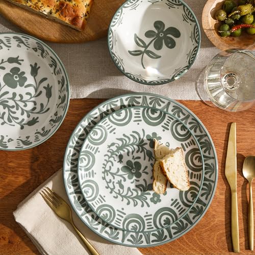 Image of 2-Time Oprah's Favorite Things - Valencia Flor 16 Piece Dinnerware Set, Artisanal Decorated Stoneware Plates & Bowls, Service for 4, Microwave & Dishwasher Safe, Fern Green