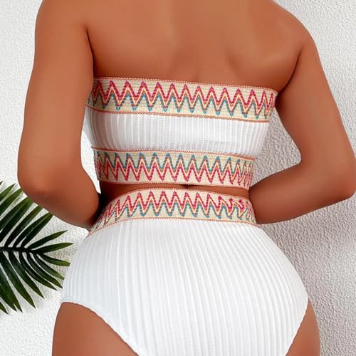 HYTENSUN Women's Bandeau High Waisted Bikini Patchwork Strapless Ribbed Swimsuits Two Piece Bathing Suits2