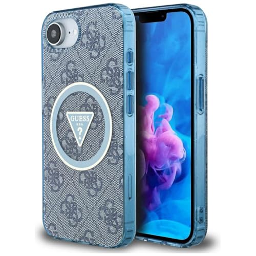 CG Mobile Guess IML Metal Glitter 4G Circle Triangle Compatible avec MagSafe Coque pour iPhone 16e (Bleu)