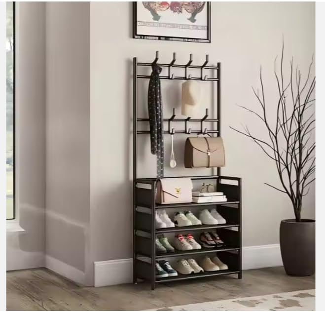 4-Layer Metal Shoe Storage Rack with Hooks, Easy Assembly, Multi-Purpose Shoe Stand for Entryway, Closet