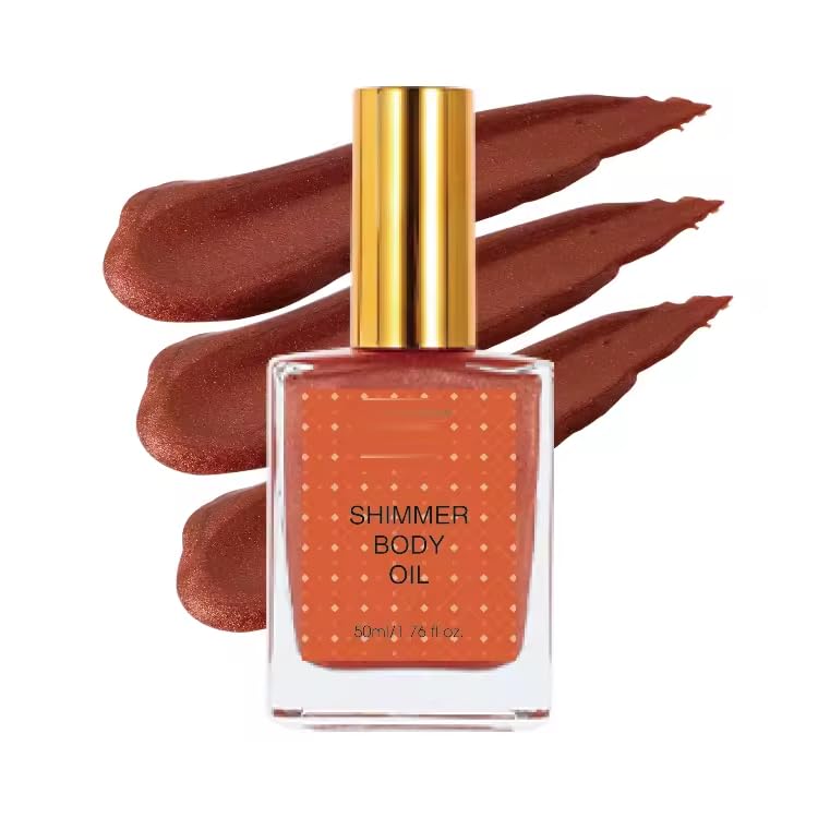 Shimmer Body Oil, Highlight Makeup Contour Illuminator Glow, Waterproof, Luminous Glow Finish, 50ml/1.6 fl oz (Copper Rose Radiance)