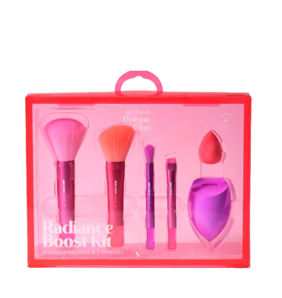 Beter - Ensemble de pinceaux de maquillage et d'éponges, 4 pinceaux végétaliens et 2 éponges, pinceaux de maquillage, pinceaux pour le visage et les yeux, pour poudres, fard à joues, fard à paupières,