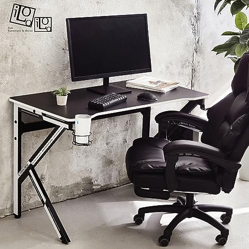 iLooiLoo ゲーミングデスク オフィスデスク 幅112cm*奥行60cm*高さ72cm パソコンデスク K字脚 PCデスク ゲームデスク 作業机 炭素繊維天板 カップホルダーとヘッドフォンフック付き メーカー一年保証 (Black) [3]