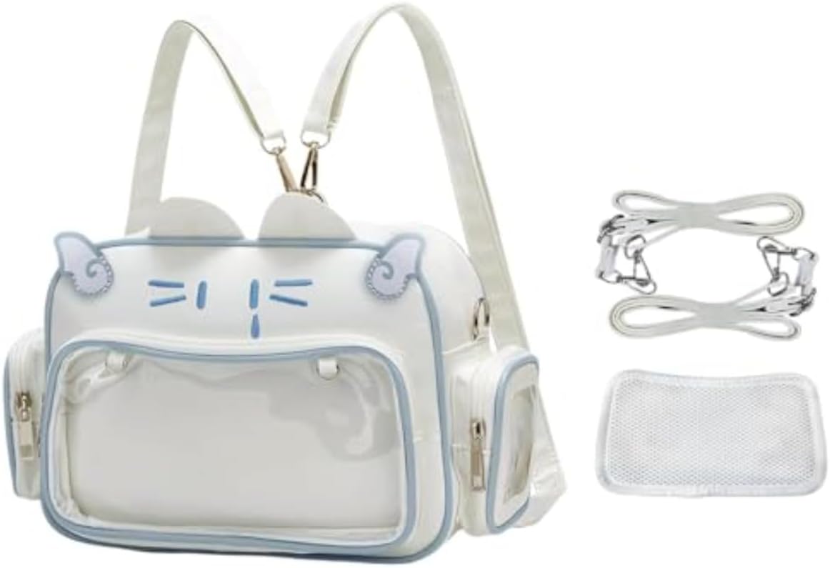 Kawaii Cat Crossbody Bag Purse Itabag Shoulder Bag Cat Backpack with Adjustable Straps, Large Capacity with Pin Display (White)