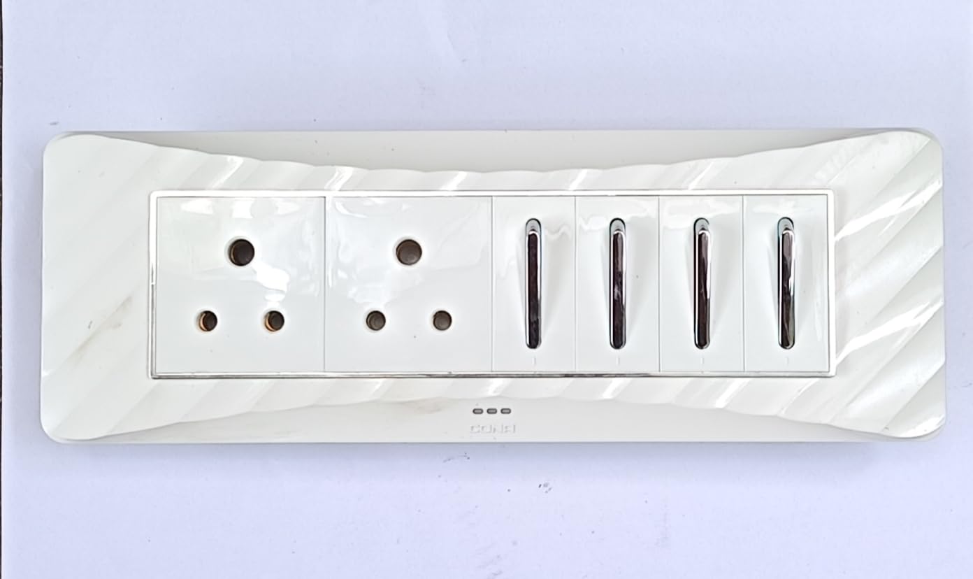 cona accessories chrome switch 6a, 1way and modular 3pin socket, 6a, attached with cona's modular wall plate size-8m, white| polycarbonate switch frame| isi marked|