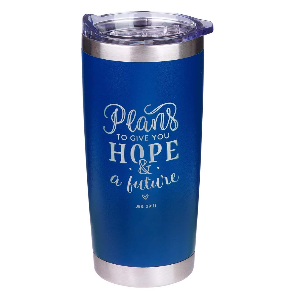 Christian Art Gifts Stainless Steel Double-Wall Vacuum Insulated Travel Mug Tumbler with Retractable Lid for Women: Hope & a Future - Jeremiah 29:11 Inspirational Bible Verse, Hot/Cold, Blue, 18 oz.