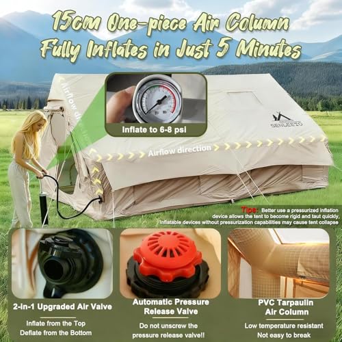 SENLEETO Inflatable Tents for Camping 4/6/8/10 Person, Luxury Inflatable Hot Tent with Stove Jack/Ac Port, Portable Easy Setup Inflatable Tent House with Canopy image 6