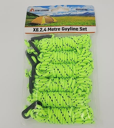 ESW LEISURE Guyline Ropes 6 Pack For Tents Awning Camping Strong Lightweight Paracord Guy Rope With Tensioner Guy Lines Fishing Umbrella Caravan Gazebo (Flourescent Green & Black