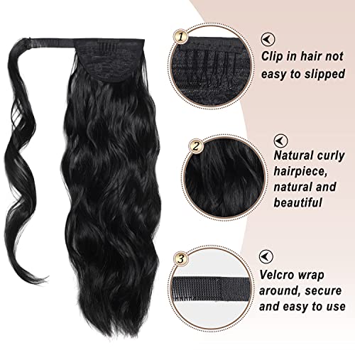 FAELBATY Ponytail Extension Long Curly Wave Magic Paste Black Ponytail Extension Wrap Around Ponytail Hair for Women Heat Resistant Synthetic Hair Ponytail(20Inch 1B#) - Image 3