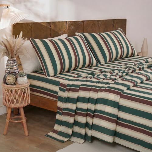 Image of Merryword Green Cabana Striped Sheet Set King Size - 100% Cotton Striped Bedding 4 Pieces, Soft Breathable Percale Weave, 17.5 inch Deep Pocket, Luxury Linen Like, All Season Comfort