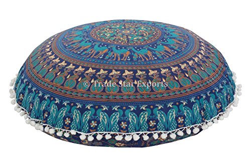 Indian Large Floor Cushion, Mandala Throw Pillow Case 32, Decorative Round Pouf Ottoman, Boho Pillow Shams, Pom Pom Outdoor Cushion Cover With Insert by Trade Star Exports