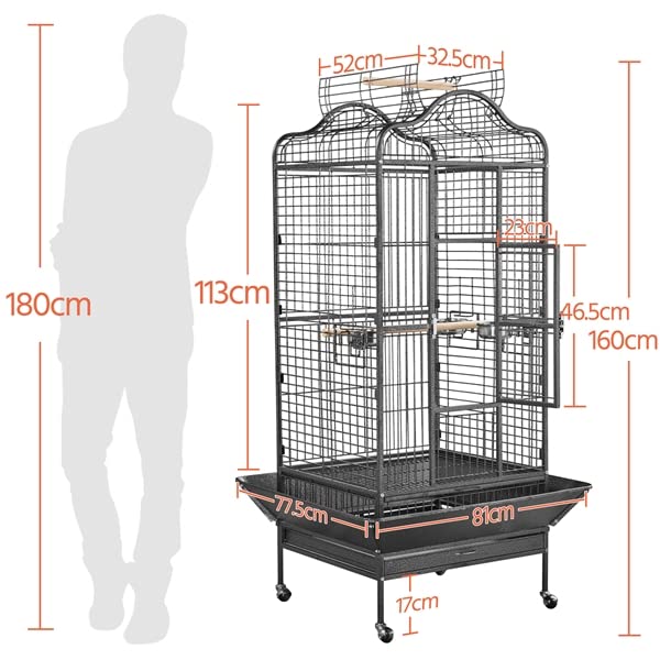 Abician Grande Cage Oiseaux pour Perroquet Grande Cage à Oiseaux exquise avec Toit Ouvrable 81 x 77 x 154 cm Noir