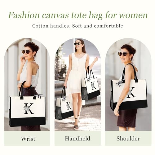 Image of Personalized Name Tote Bag for Women, Birthday Best Friend Bridesmaid Gifts for Women Canvas Initial Tote Bags