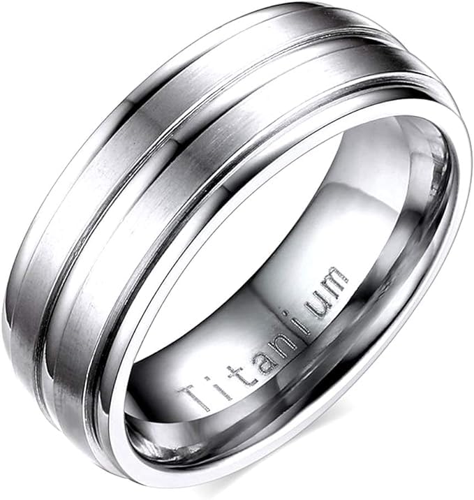 KKGAIMens‘s Titanium Steel Band RingSteel 8mm Unisex Wedding Band Comfort Fit Ring Brushed Raised Center Grooved Polished Sides