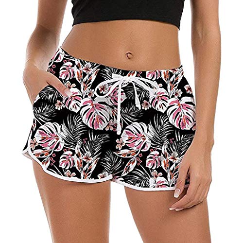 Short de praia feminino KLJR com cordão para atividades ao ar livre e academia, Preto, Medium