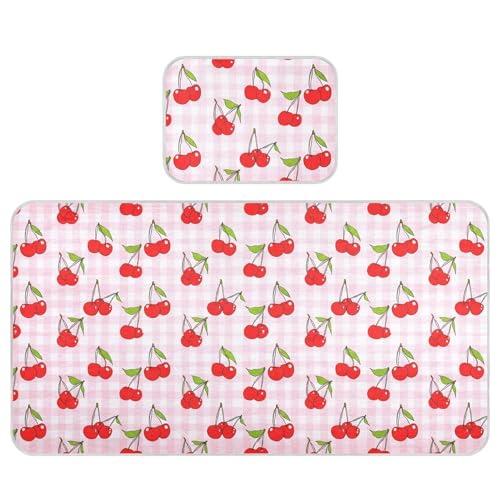 Takiito Cherries on Checkered Baby Cooling Mattress Pad, Soft & Breathable Cooling Mat Keep Baby Cool in Summer 28x52 in, Nursery Essential