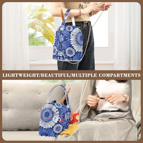Image of Tatenale Crochet Bag Yarn Bag Knitting Project Bag with Pockets and Handle Portable Yarn Storage Organizer Tangle Free 8.3x11 InchBlue and White Sunflowers Leaves10