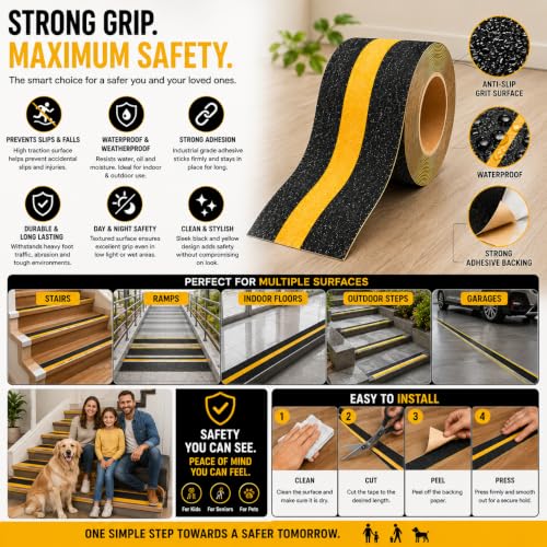 Image of YORWE Anti Slip Stair Tape with Glow in the Dark Strip - Heavy Duty Waterproof Non Slip Traction Tape for Stairs, Steps, Outdoor & Indoor Safety (Black and Yellow, 5 Meter)