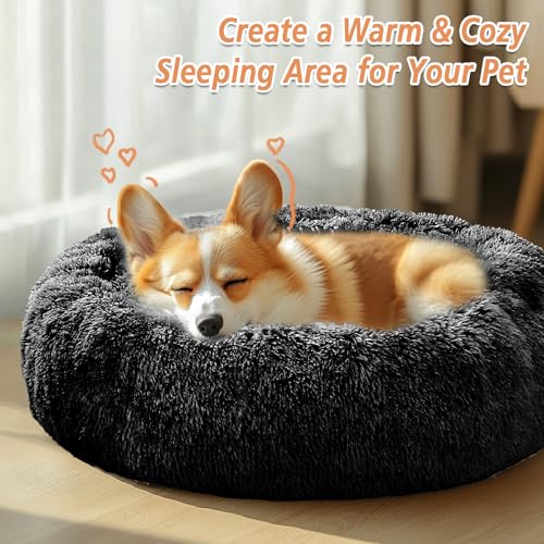 Image of JOLLYVOGUE Calming Small Dog & Cat Bed for Indoor Cats - 20 inches Washable Donut Bed for Kittens & Puppies, Anti-Anxiety Round Fluffy Plush Pet Beds (Fits up to 15 lbs, Smoke Black)