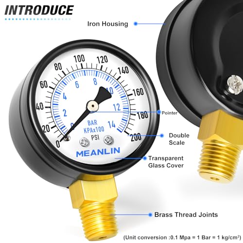 Image of MEANLIN MEASURE 0-200Psi Well Pump Pressure Gauge 1 /4 inch NPT 2 inch FACE DIAL for Air Compressor Air Regulator Water Filter Lower Mount, with Teflon Tape