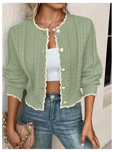 WDIRARA Women's Contrast Trim Button Down Cardigan Sweater Scallop Long Sleeve Knit Outerwear4